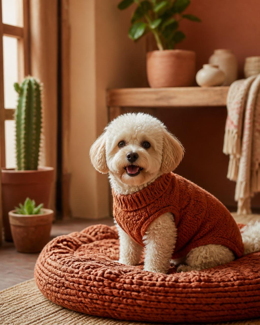Perro con suéter artesanal en su cama tejida a mano